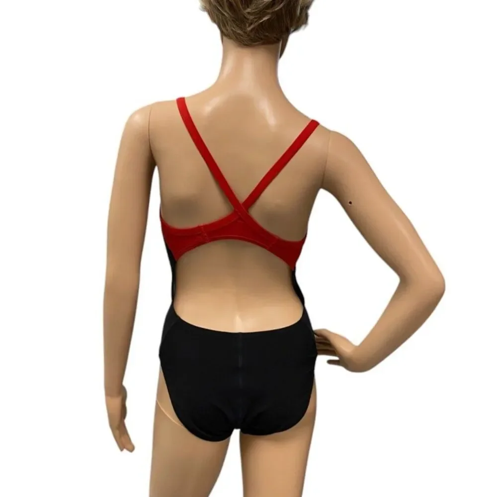 SPEEDO Women's Black/Red PowerPlus Drill Back One-Piece Bathing Swimsuit 10/36